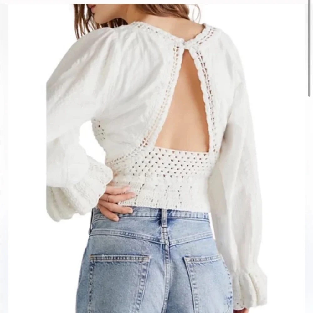 Free People Megan Crochet Open Back Long Sleeve Blouse NEW